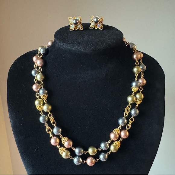 Signed Joan Rivers Vintage Double Pearl Strand + Matching Clip On Earrings - Picture 4 of 17